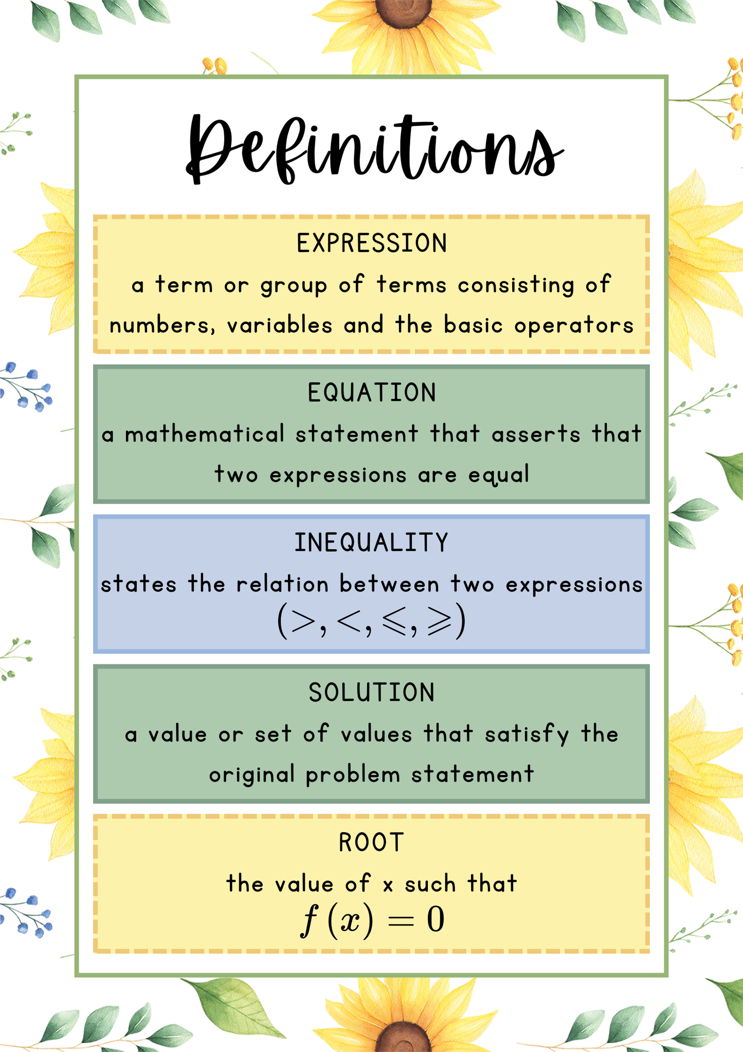 Posters - Equations & Inequalities - Sunflower Theme