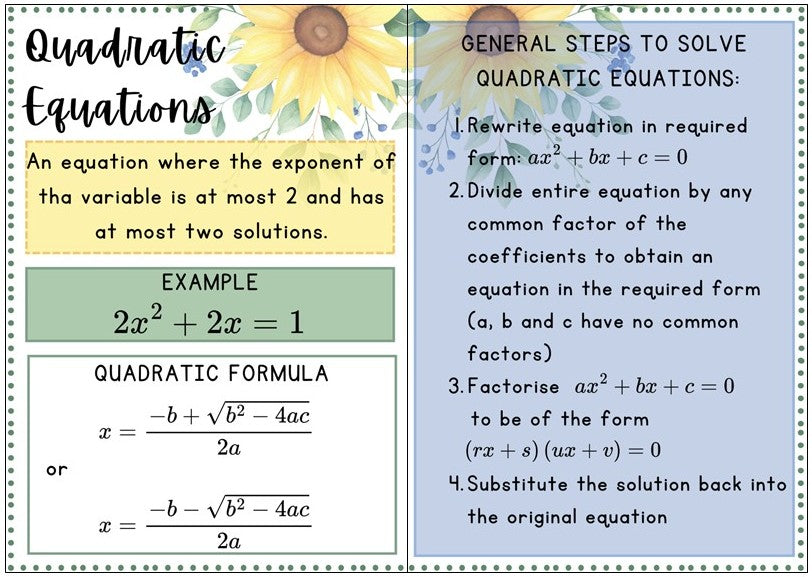 Posters - Equations & Inequalities - Sunflower Theme